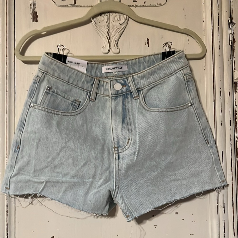 WeWoreWhat Blue High-Waisted Jean Shorts with Frayed Hem